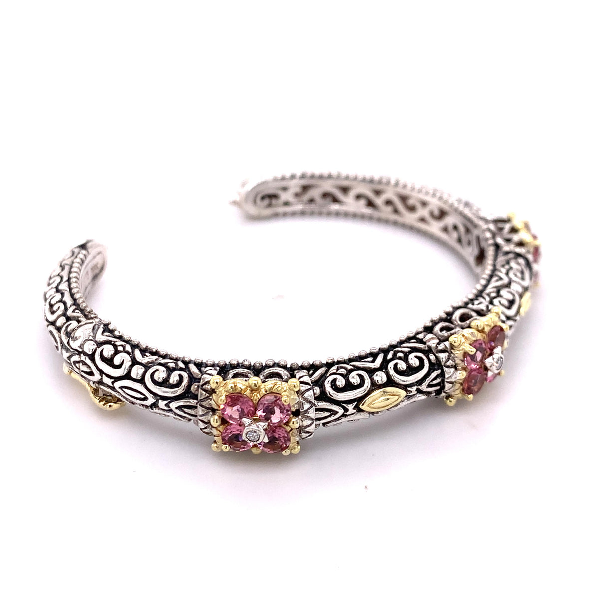 Barbara Bixby SS & 18k Gold Carved Metalwork Tourmaline & Diamond Cuff Bangle