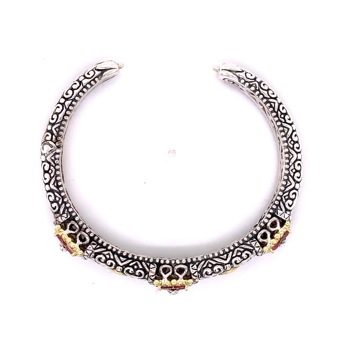 Barbara Bixby SS & 18k Gold Carved Metalwork Tourmaline & Diamond Cuff Bangle