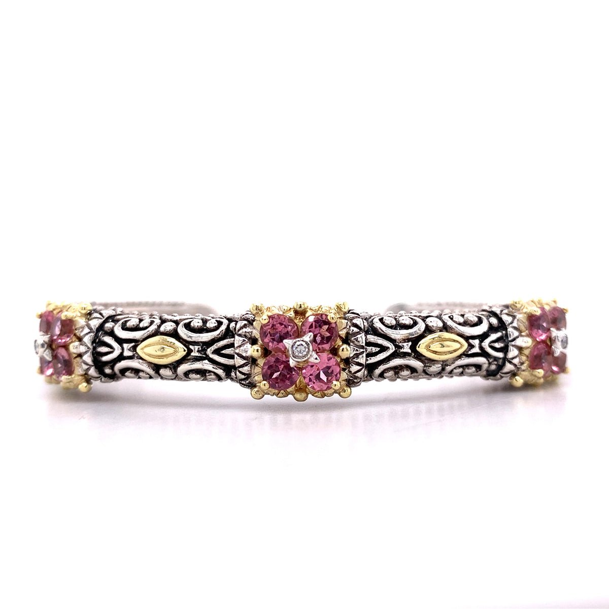 Barbara Bixby SS & 18k Gold Carved Metalwork Tourmaline & Diamond Cuff Bangle