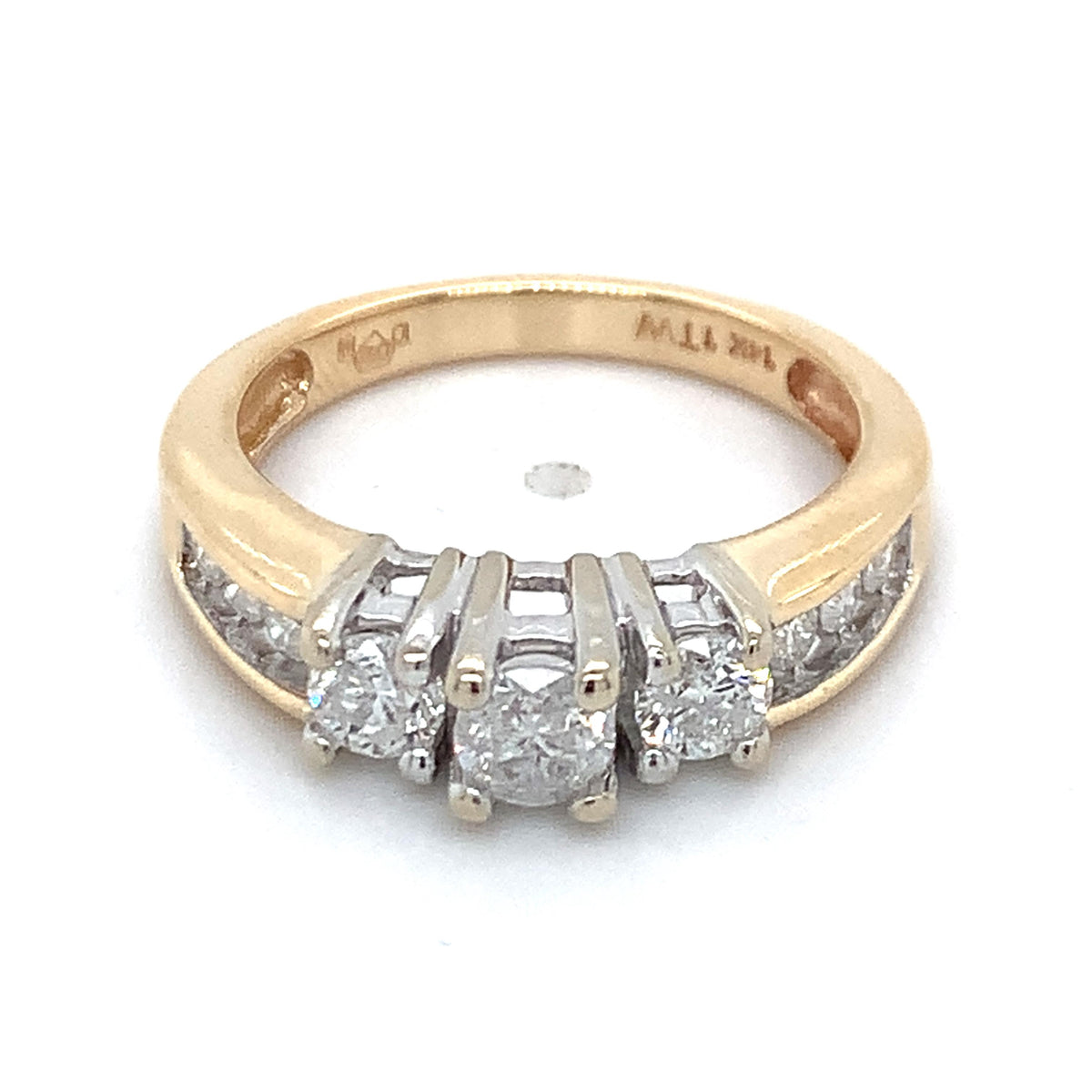 14k Yellow Gold 1.0ctw Round Cut 3 Stone With Channel Set Accents Diamond Ring