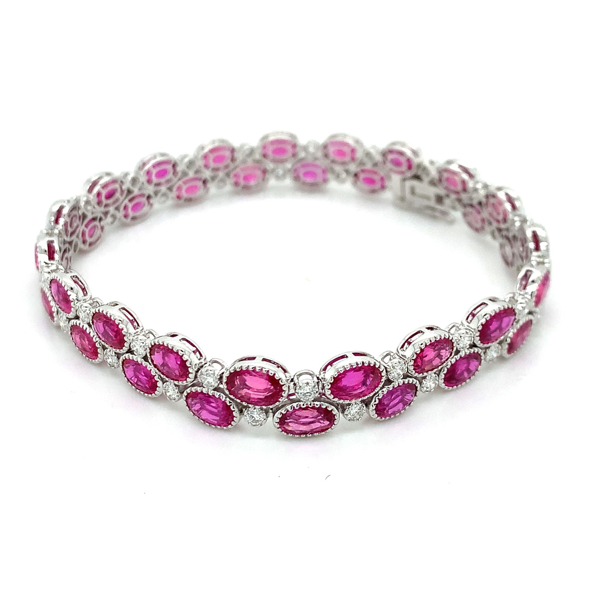 18k Gold Staggered Rows 21.25ct Oval Ruby And Diamond Milgrain Bezel Bracelet