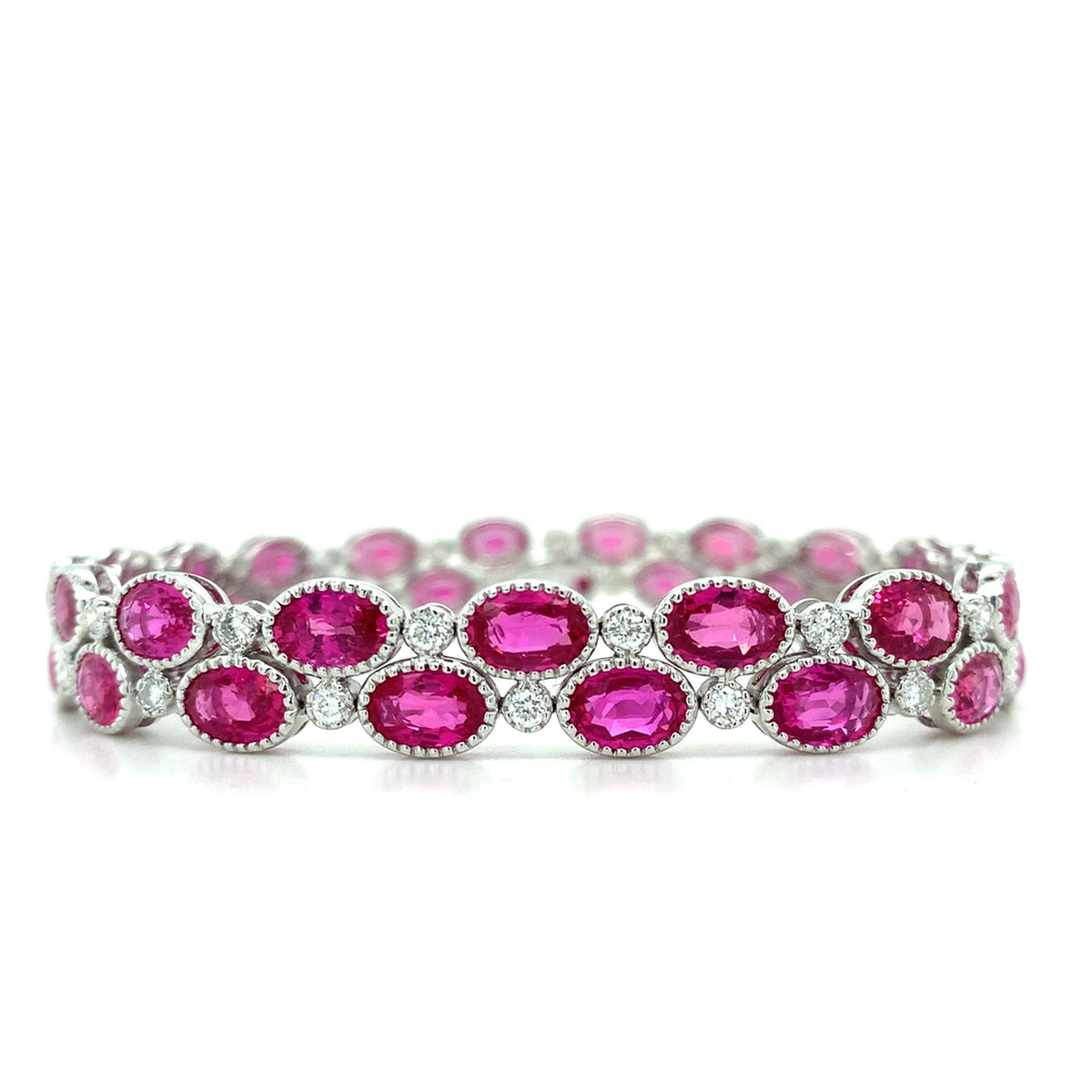 18k Gold Staggered Rows 21.25ct Oval Ruby And Diamond Milgrain Bezel Bracelet