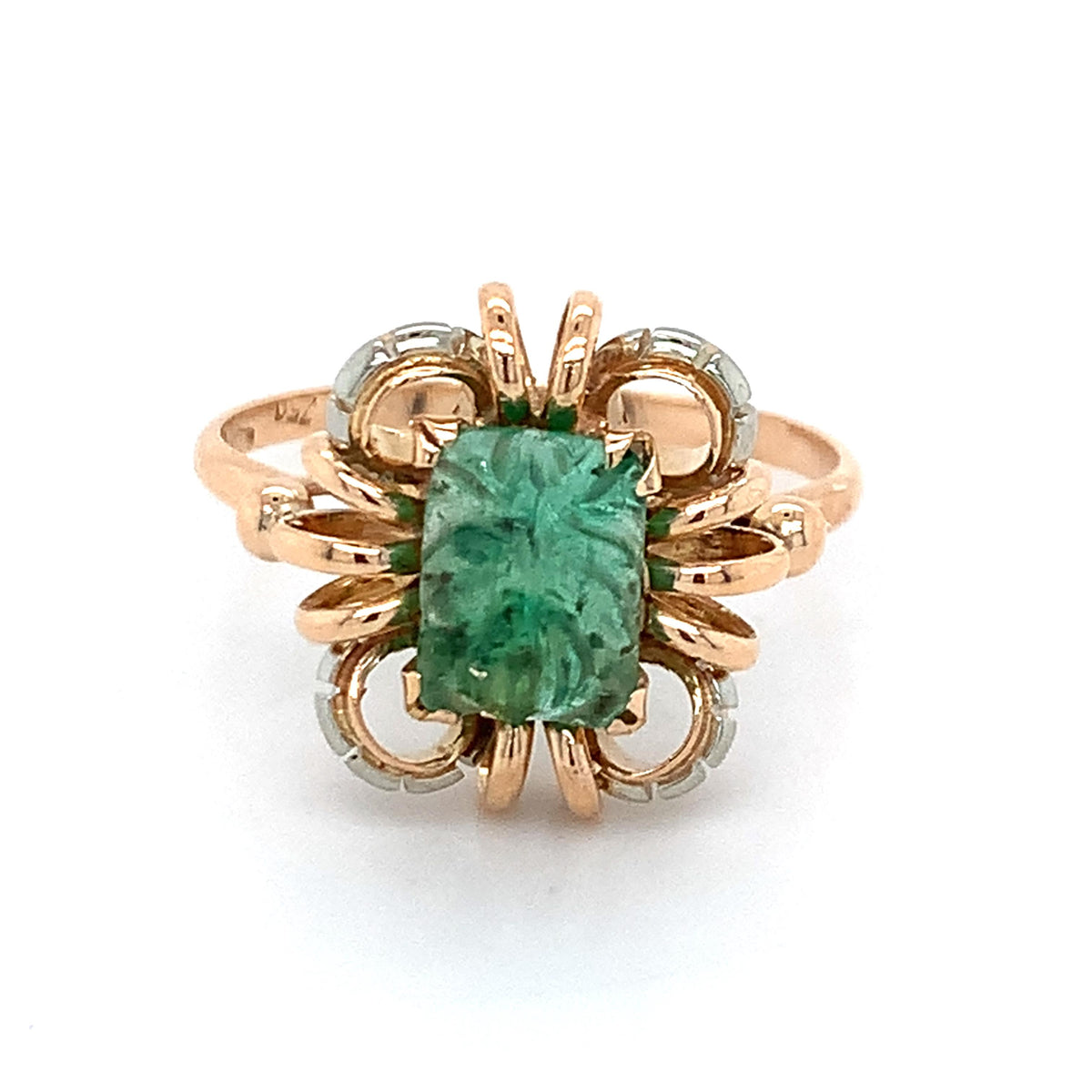 Vintage 18k Rose Gold Radiant Cut Carved Emerald Openwork Scalloped Halo Ring