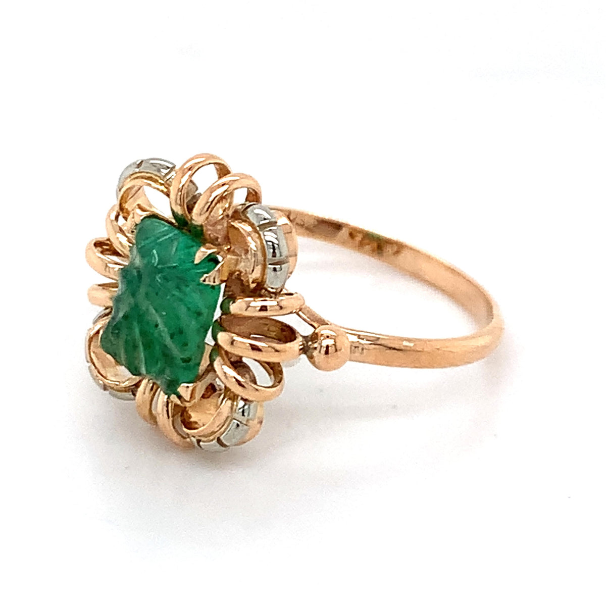 Vintage 18k Rose Gold Radiant Cut Carved Emerald Openwork Scalloped Halo Ring
