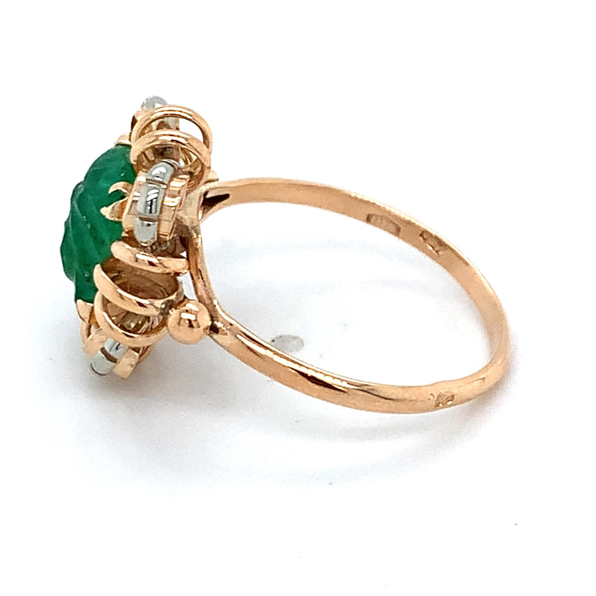 Vintage 18k Rose Gold Radiant Cut Carved Emerald Openwork Scalloped Halo Ring