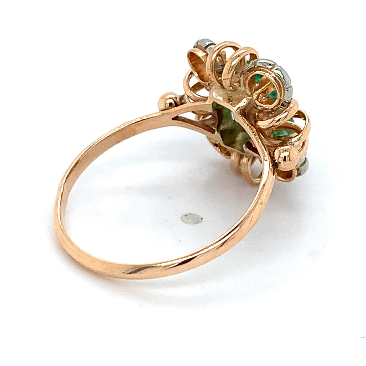Vintage 18k Rose Gold Radiant Cut Carved Emerald Openwork Scalloped Halo Ring