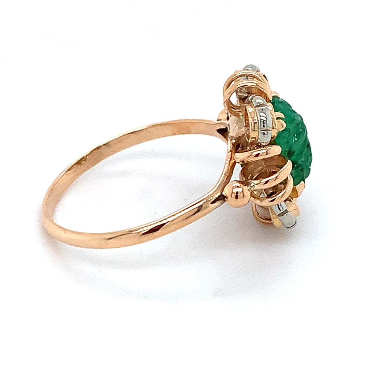 Vintage 18k Rose Gold Radiant Cut Carved Emerald Openwork Scalloped Halo Ring
