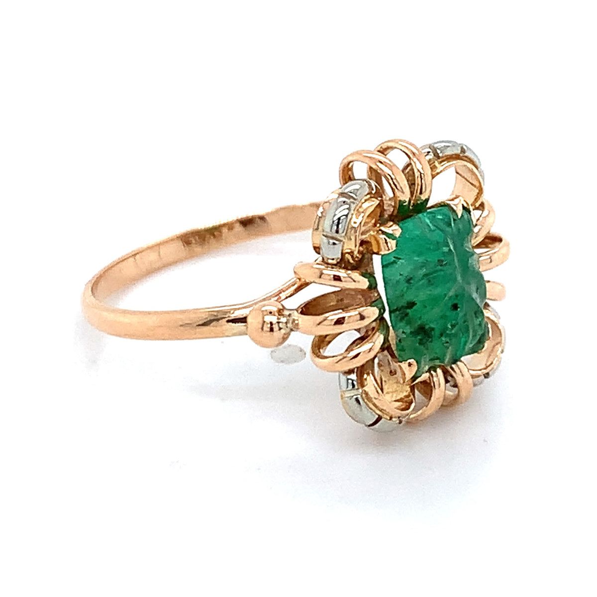 Vintage 18k Rose Gold Radiant Cut Carved Emerald Openwork Scalloped Halo Ring