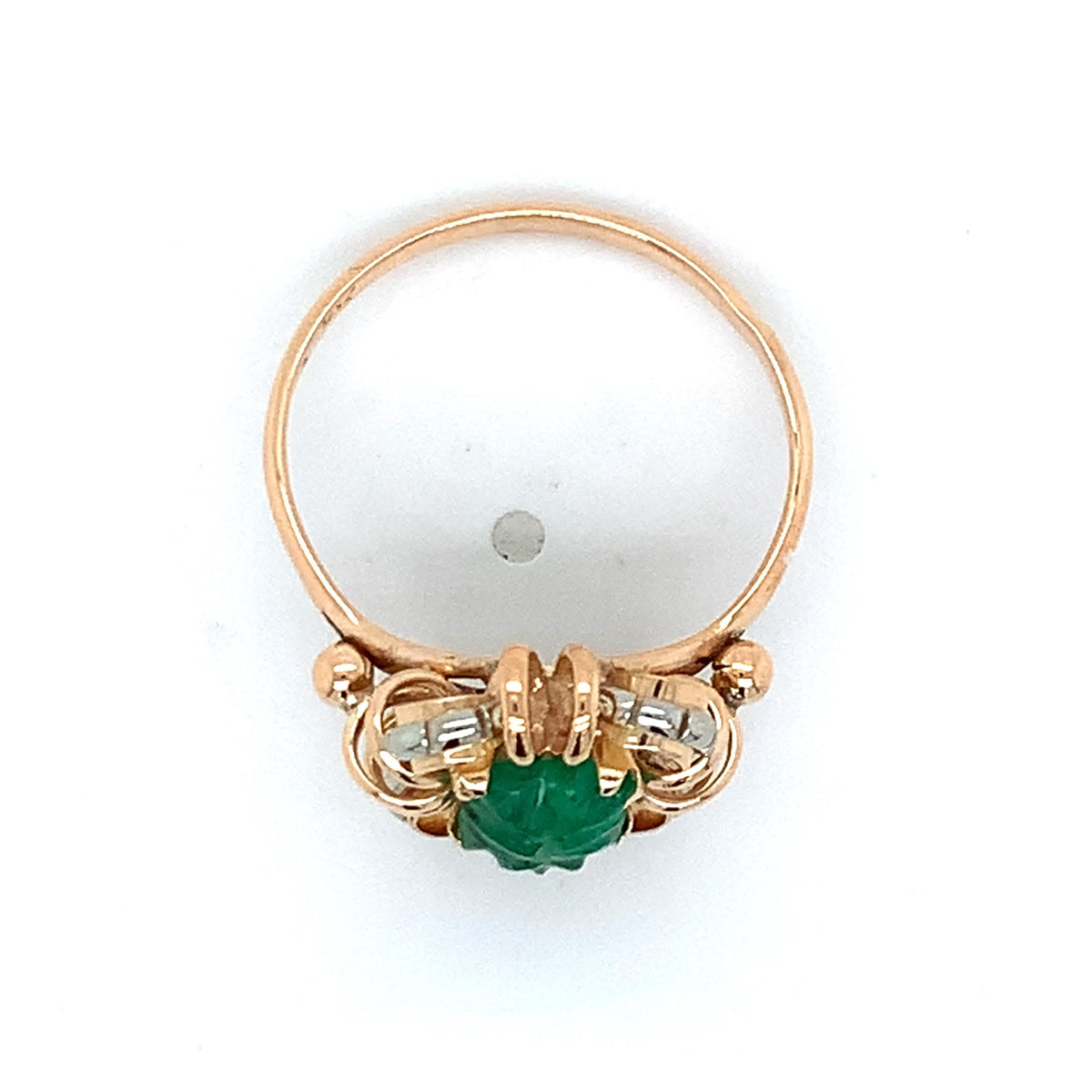 Vintage 18k Rose Gold Radiant Cut Carved Emerald Openwork Scalloped Halo Ring