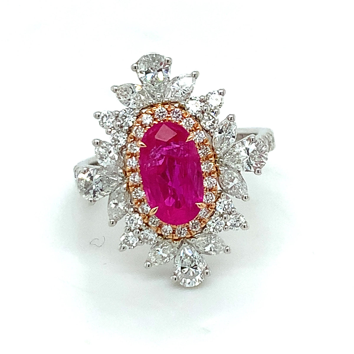 18K Gold GIA 1.88ct Pink Ruby 1.5ct Multi Cut Diamond Cluster Halo Cocktail Ring