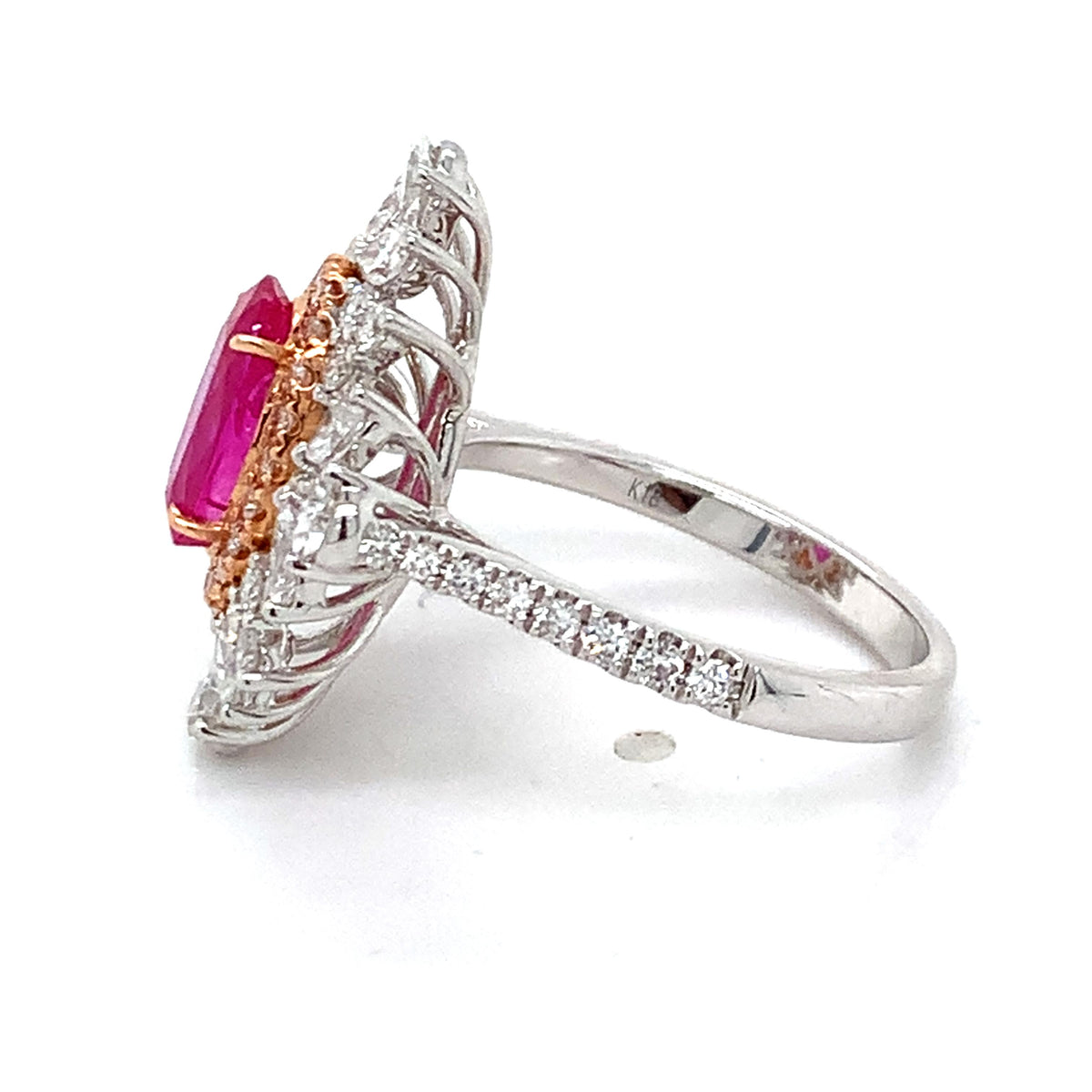 18K Gold GIA 1.88ct Pink Ruby 1.5ct Multi Cut Diamond Cluster Halo Cocktail Ring