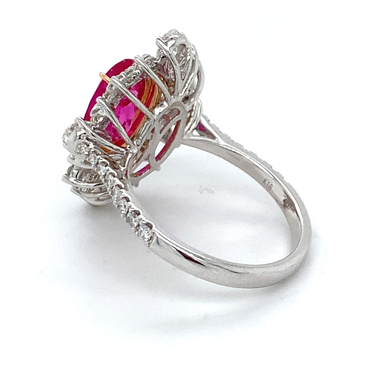 18K Gold GIA 1.88ct Pink Ruby 1.5ct Multi Cut Diamond Cluster Halo Cocktail Ring