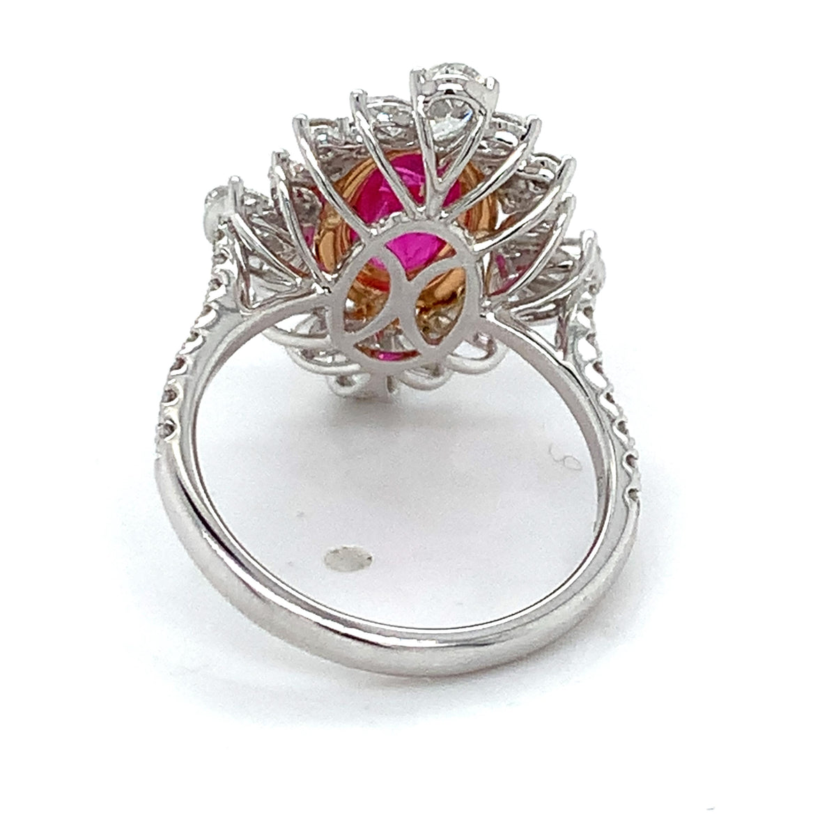 18K Gold GIA 1.88ct Pink Ruby 1.5ct Multi Cut Diamond Cluster Halo Cocktail Ring