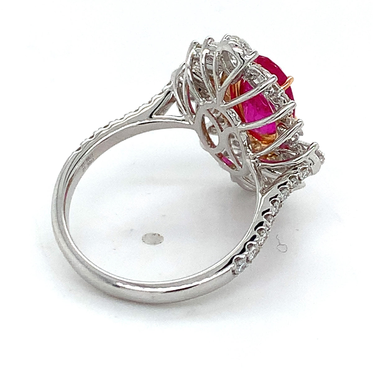 18K Gold GIA 1.88ct Pink Ruby 1.5ct Multi Cut Diamond Cluster Halo Cocktail Ring