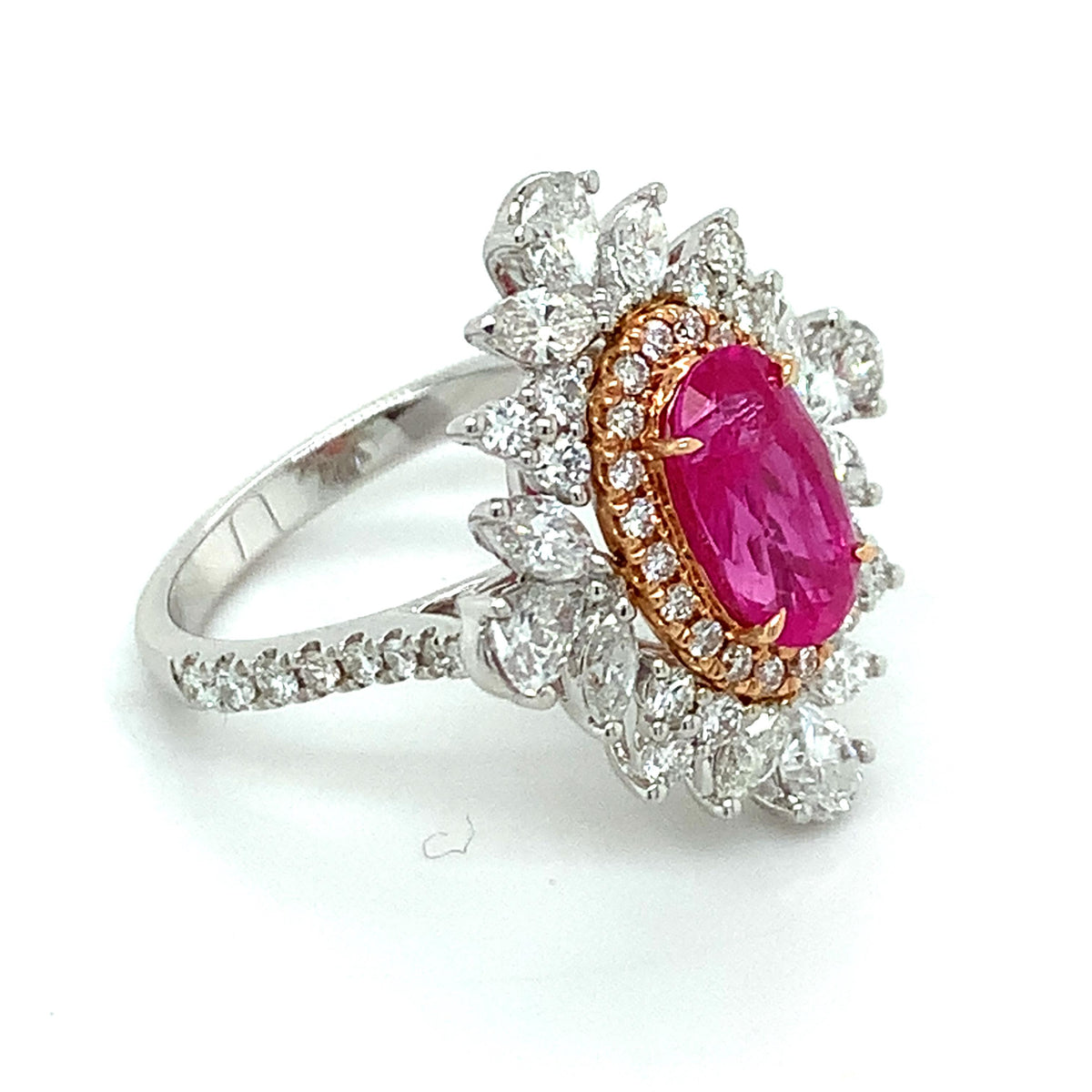 18K Gold GIA 1.88ct Pink Ruby 1.5ct Multi Cut Diamond Cluster Halo Cocktail Ring