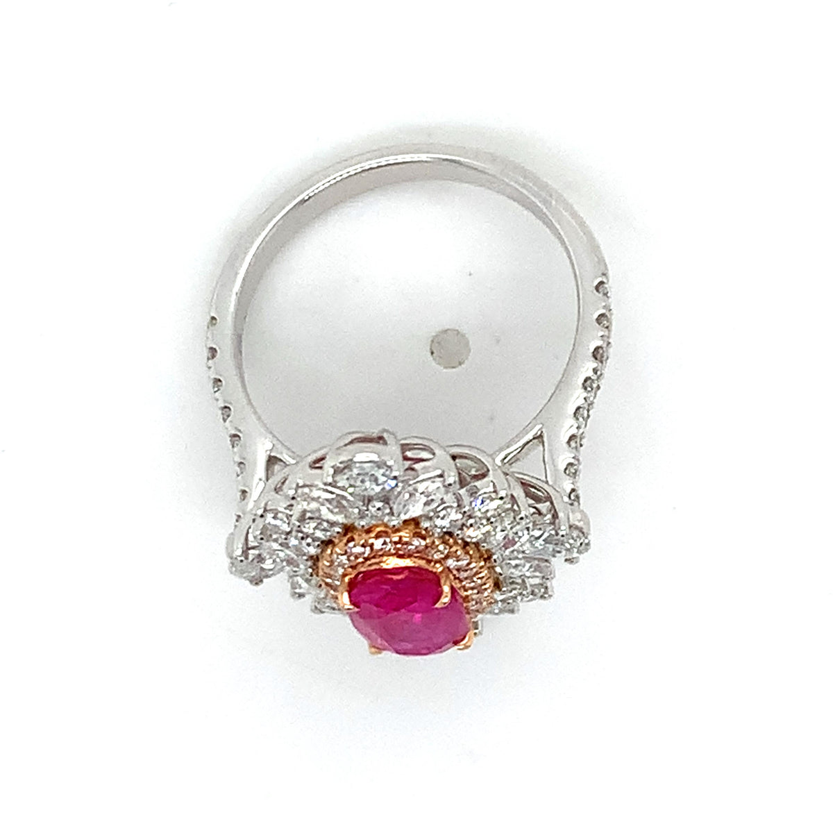 18K Gold GIA 1.88ct Pink Ruby 1.5ct Multi Cut Diamond Cluster Halo Cocktail Ring