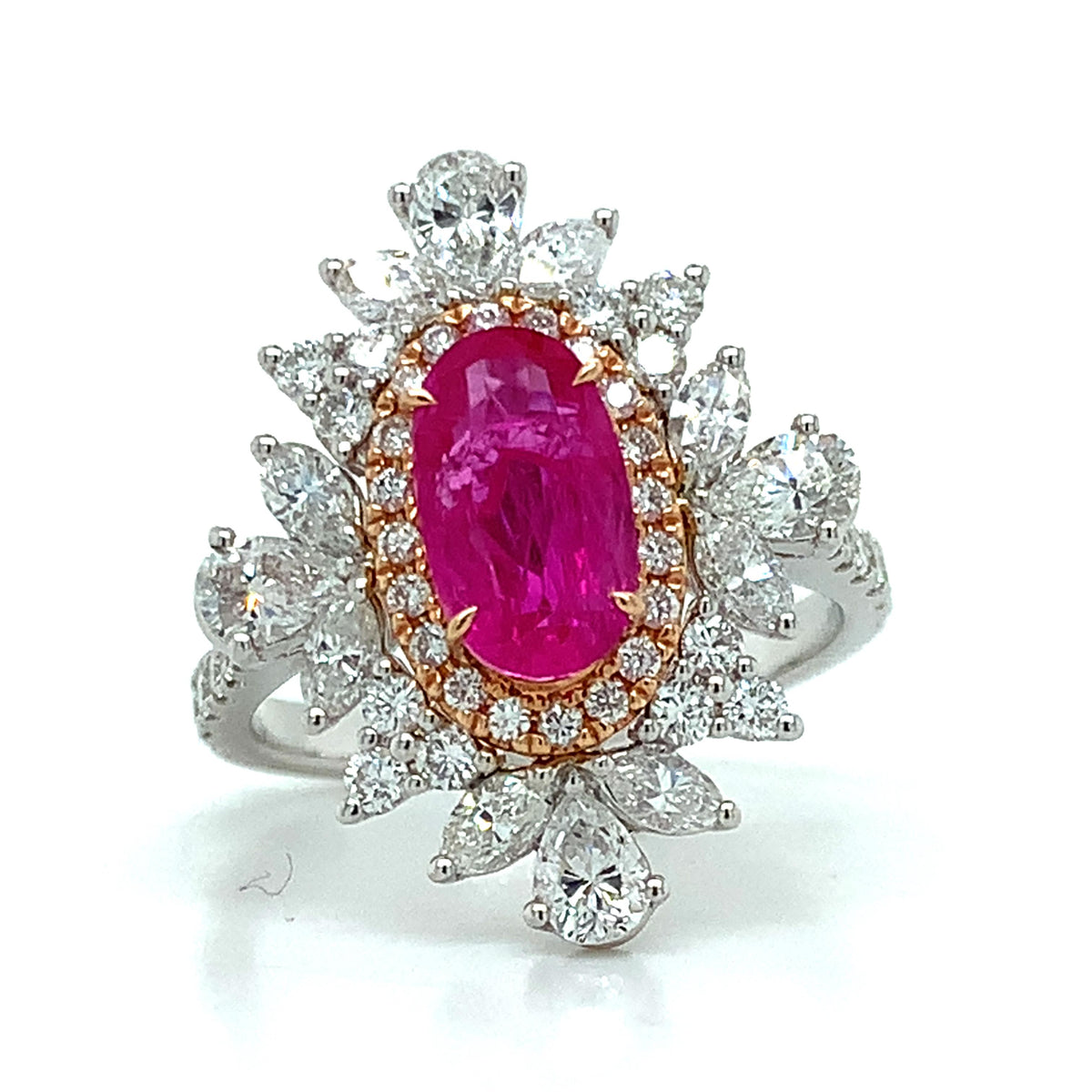 18K Gold GIA 1.88ct Pink Ruby 1.5ct Multi Cut Diamond Cluster Halo Cocktail Ring