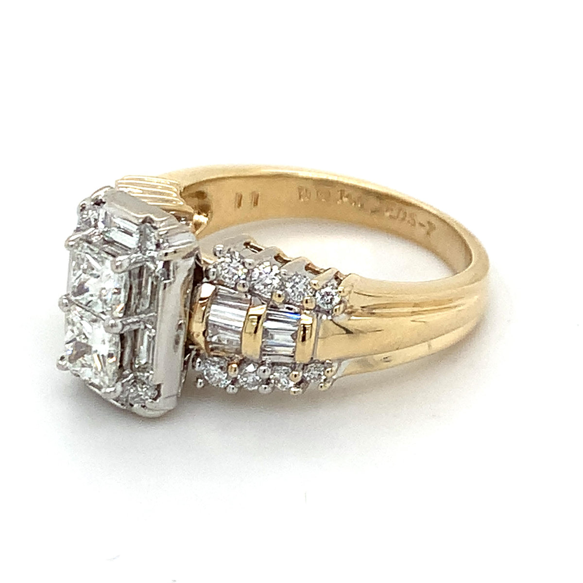 14k 2-Toned Gold Princess Center With Baguette Halo And Diamond Statement Ring