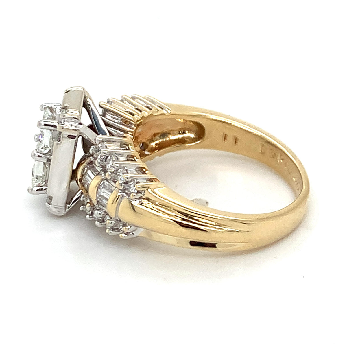 14k 2-Toned Gold Princess Center With Baguette Halo And Diamond Statement Ring