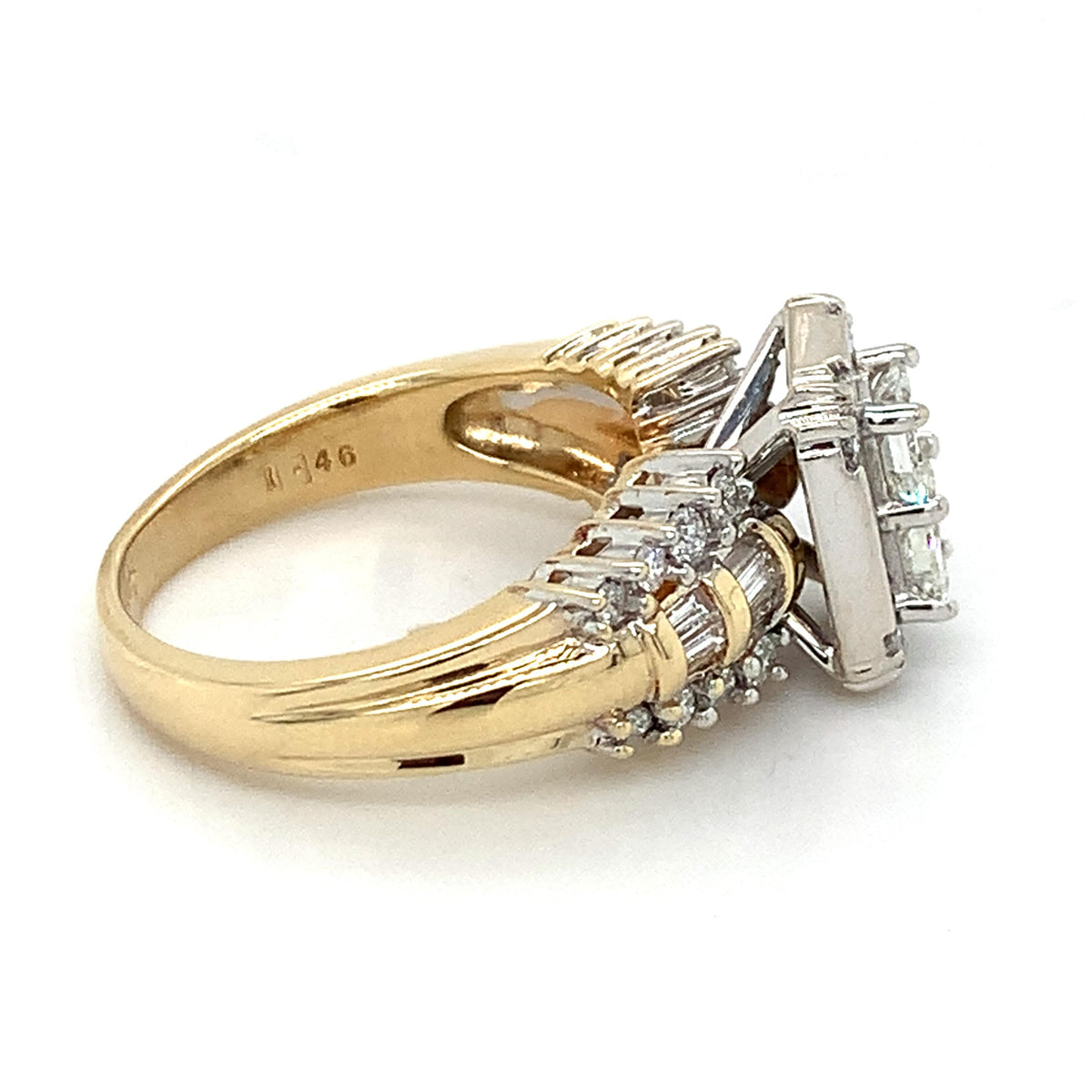 14k 2-Toned Gold Princess Center With Baguette Halo And Diamond Statement Ring