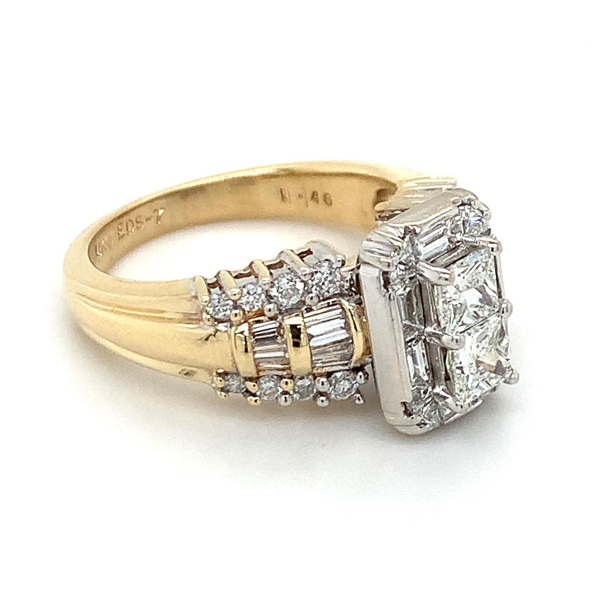 14k 2-Toned Gold Princess Center With Baguette Halo And Diamond Statement Ring