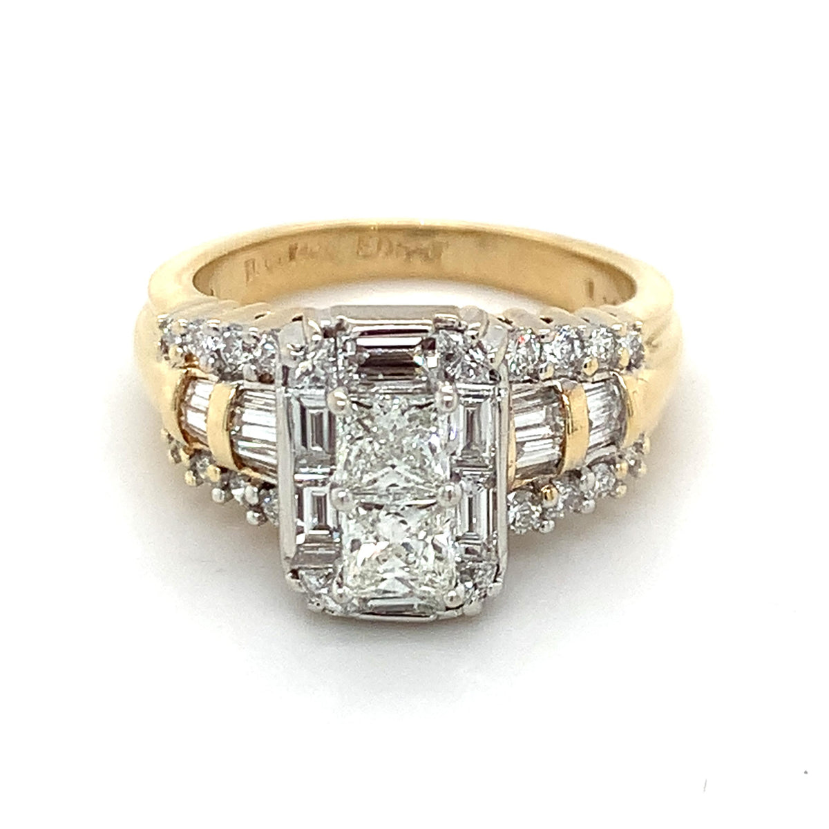 14k 2-Toned Gold Princess Center With Baguette Halo And Diamond Statement Ring