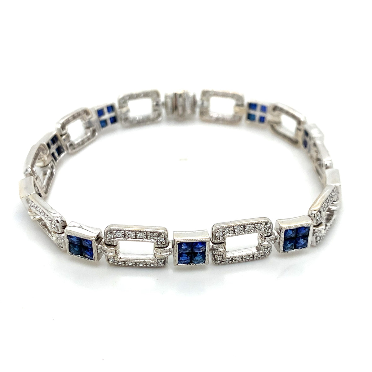 Vintage 18K White Gold Openwork Panel Link Sapphire & Diamond Milgrain Bracelet