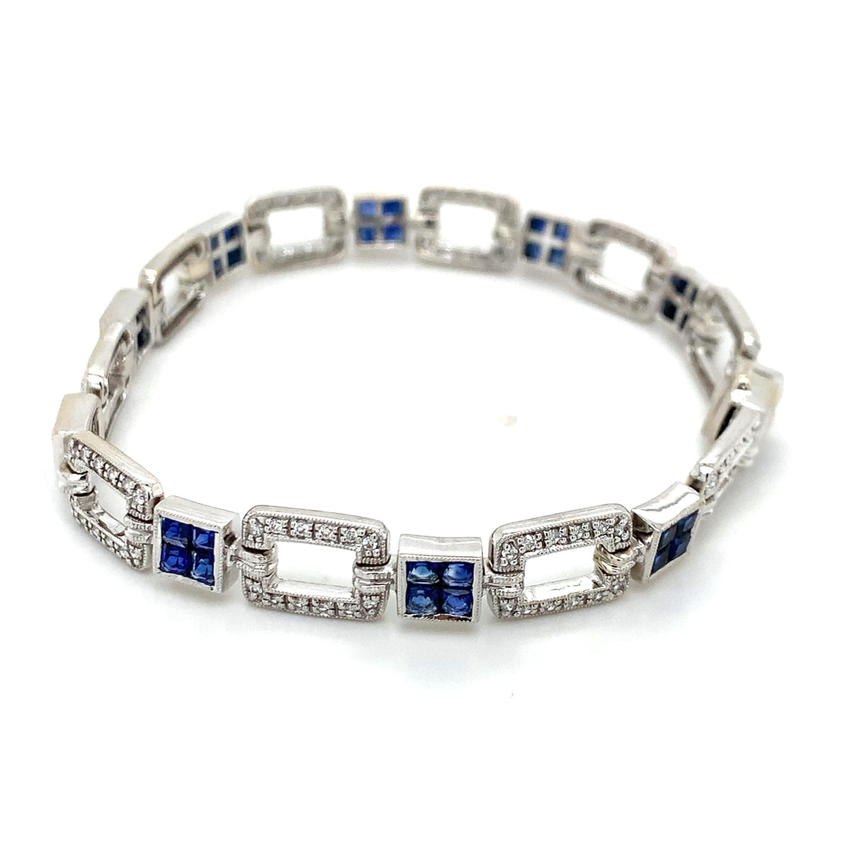 Vintage 18K White Gold Openwork Panel Link Sapphire & Diamond Milgrain Bracelet
