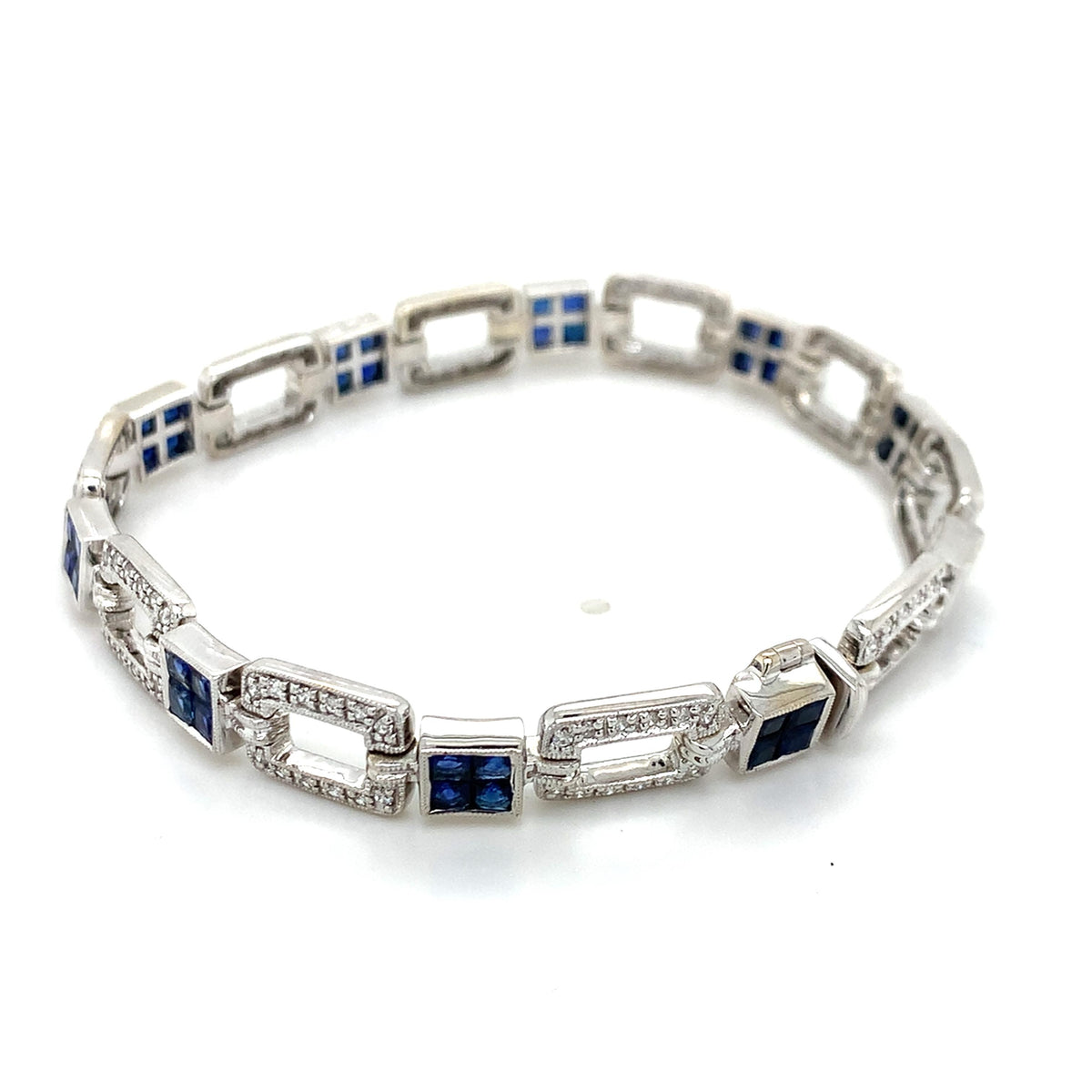 Vintage 18K White Gold Openwork Panel Link Sapphire & Diamond Milgrain Bracelet