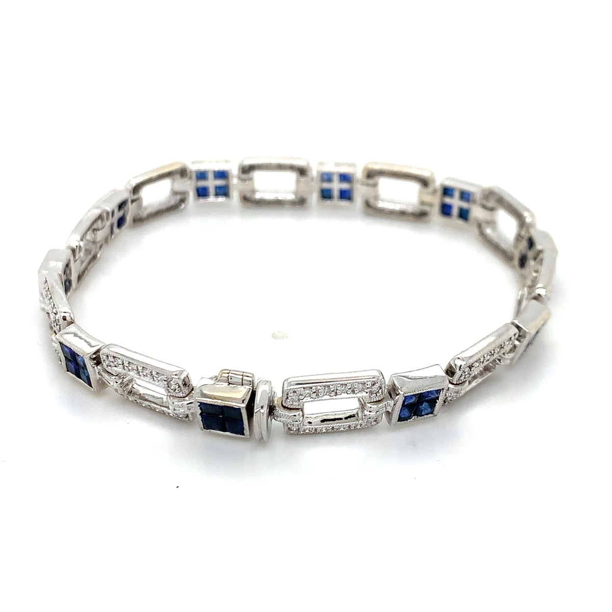 Vintage 18K White Gold Openwork Panel Link Sapphire & Diamond Milgrain Bracelet