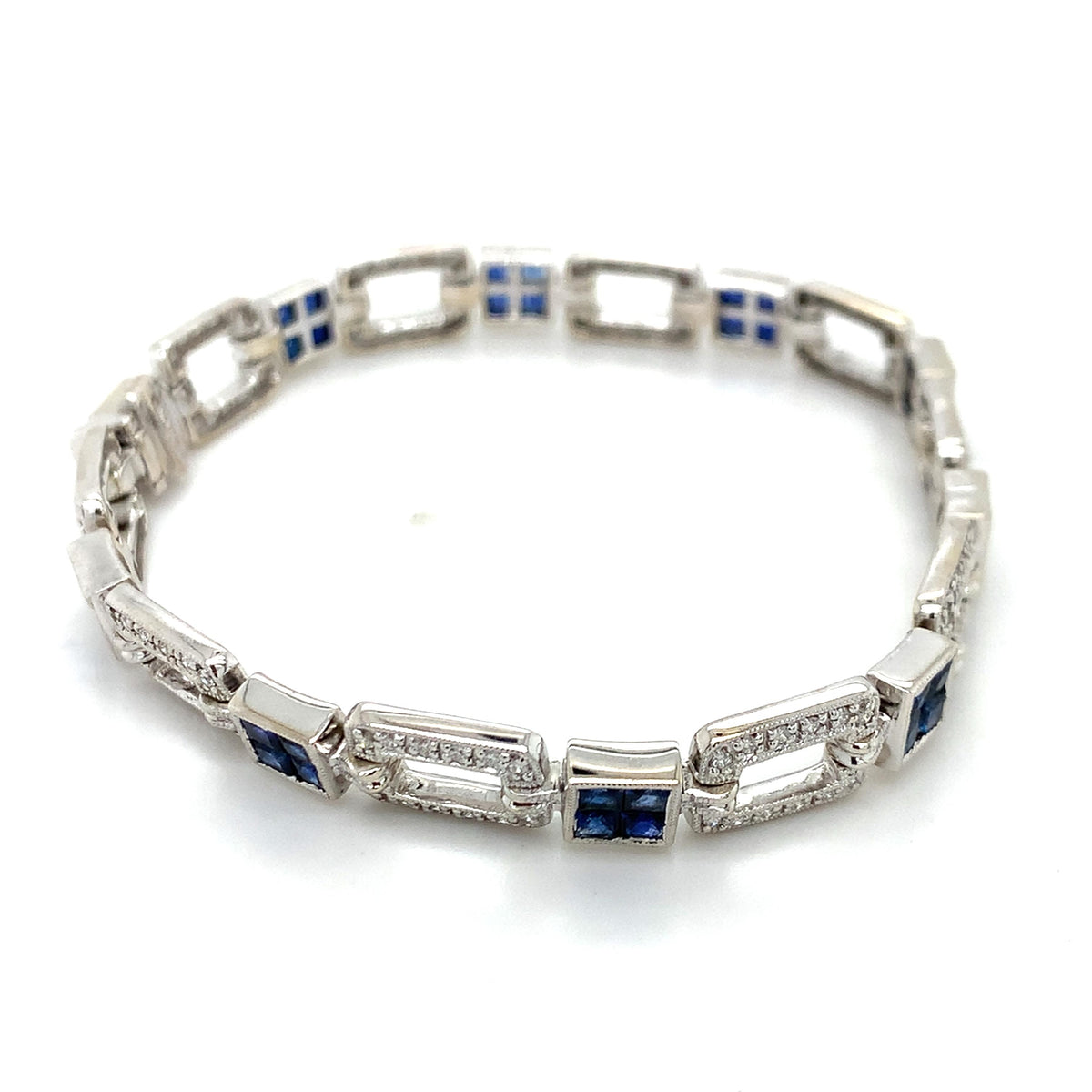 Vintage 18K White Gold Openwork Panel Link Sapphire & Diamond Milgrain Bracelet