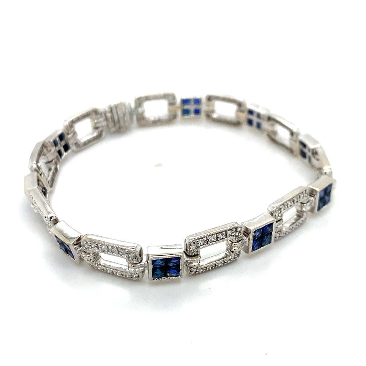 Vintage 18K White Gold Openwork Panel Link Sapphire & Diamond Milgrain Bracelet