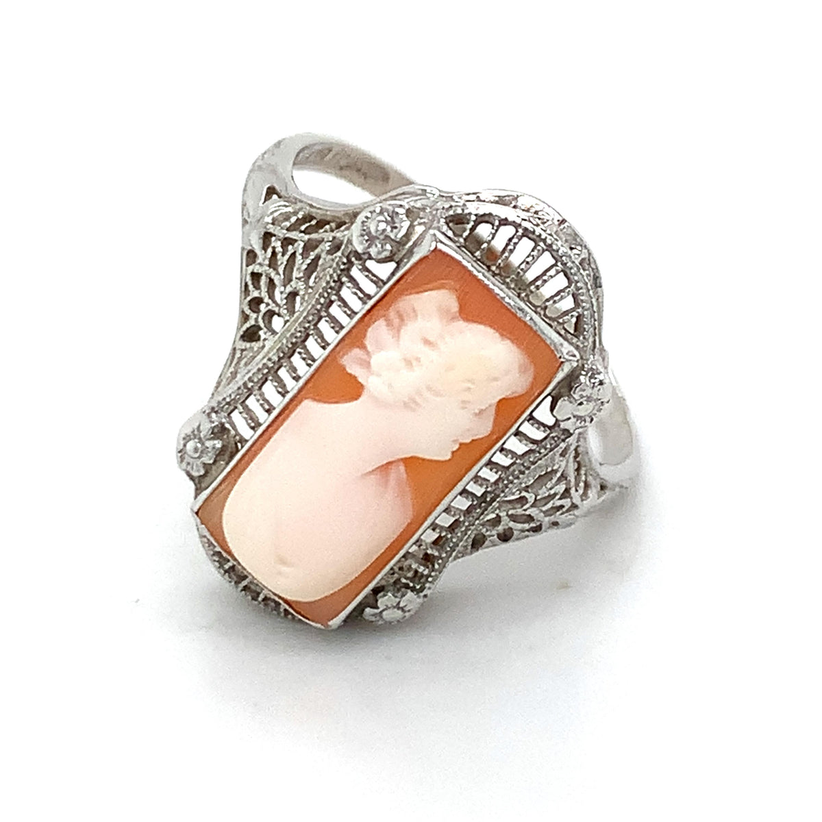 Antique 14K Gold Hand Carved Portrait White Shell Cameo Engraved Filigree Ring