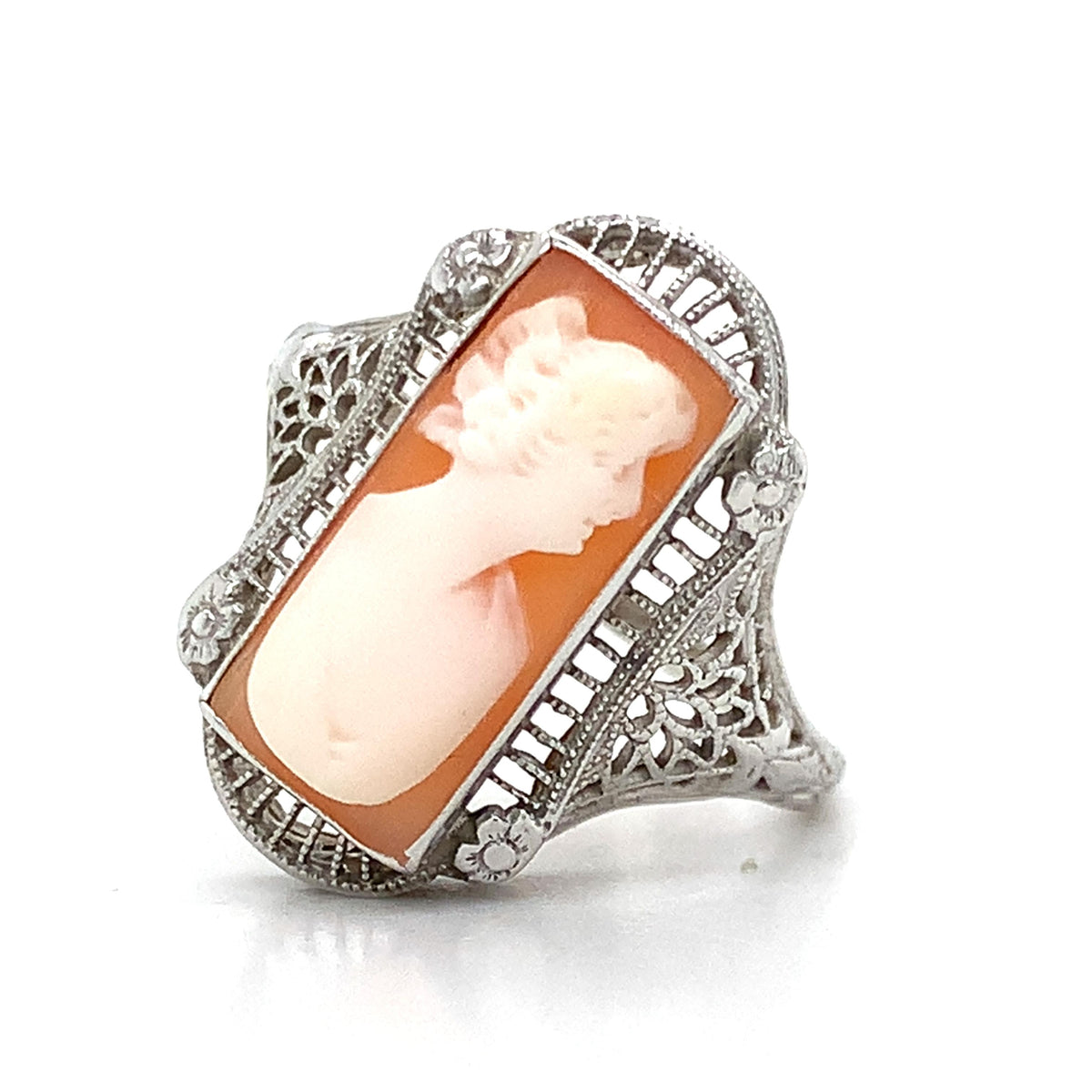Antique 14K Gold Hand Carved Portrait White Shell Cameo Engraved Filigree Ring