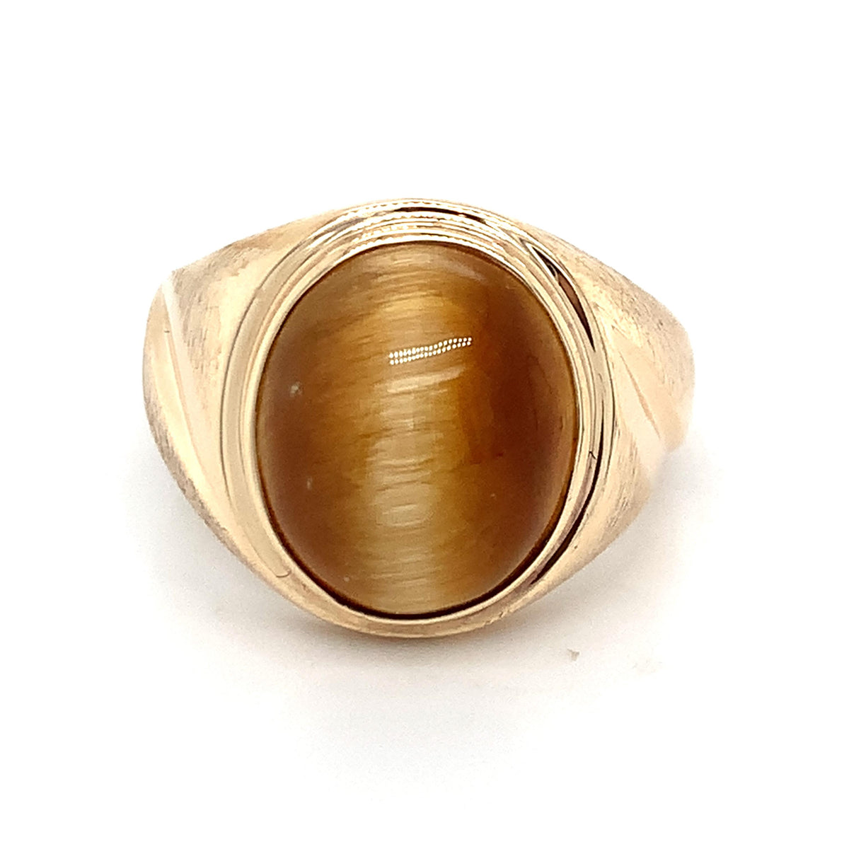 Vintage 10K Gold Cabochon Oval Tiger's Eye Bezel Brushed Shank Men's Signet Ring