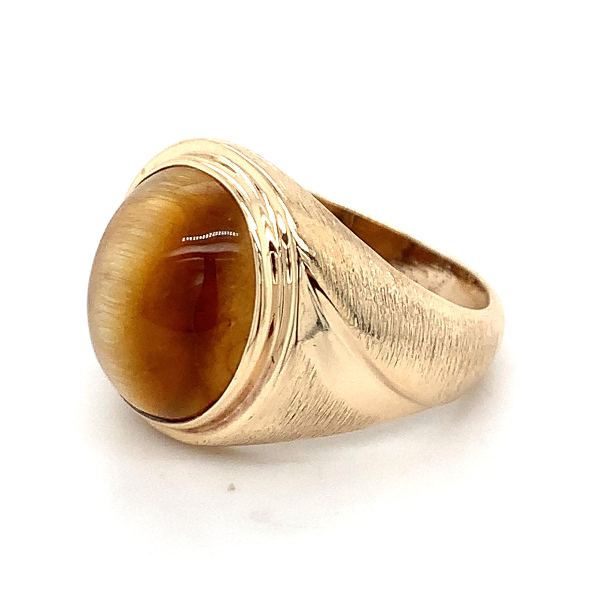 Vintage 10K Gold Cabochon Oval Tiger's Eye Bezel Brushed Shank Men's Signet Ring