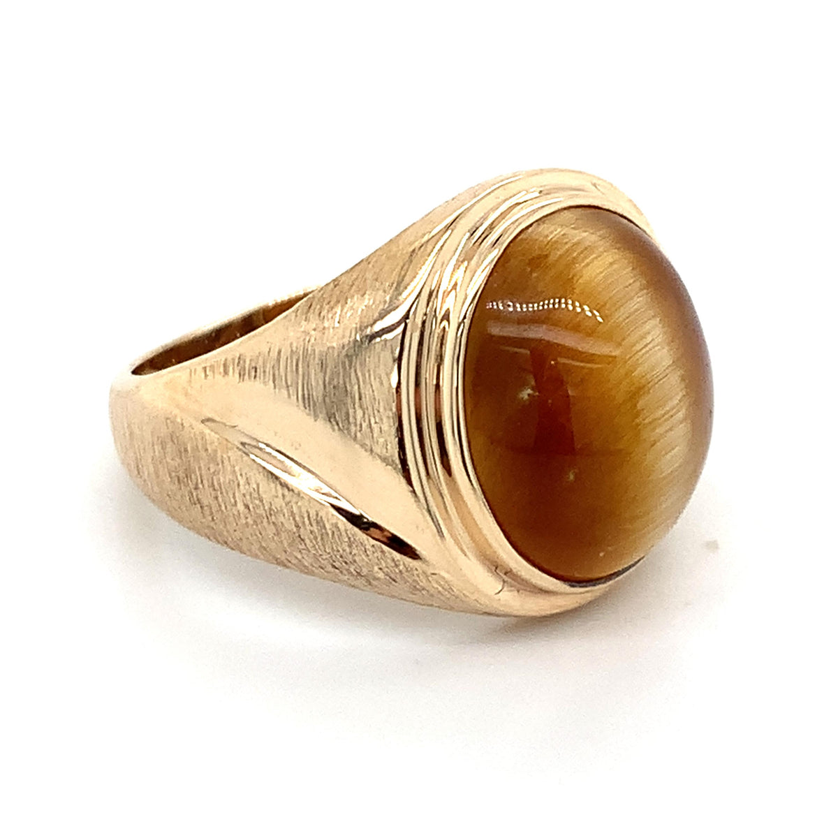Vintage 10K Gold Cabochon Oval Tiger's Eye Bezel Brushed Shank Men's Signet Ring