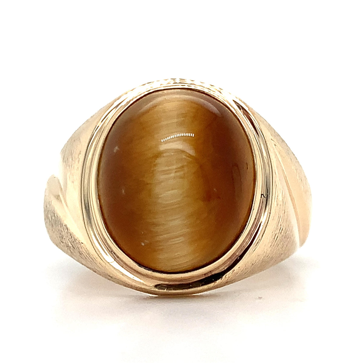 Vintage 10K Gold Cabochon Oval Tiger's Eye Bezel Brushed Shank Men's Signet Ring
