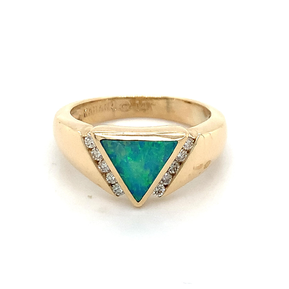 Kabana Vintage Style 14K Gold Triangle Opal Inlay & Side Accent Diamond Ring S6