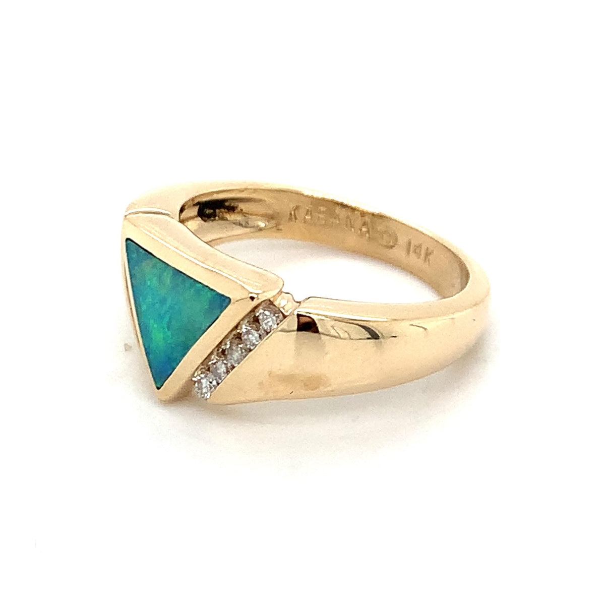 Kabana Vintage Style 14K Gold Triangle Opal Inlay & Side Accent Diamond Ring S6