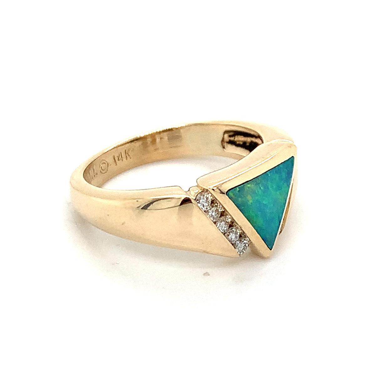 Kabana Vintage Style 14K Gold Triangle Opal Inlay & Side Accent Diamond Ring S6