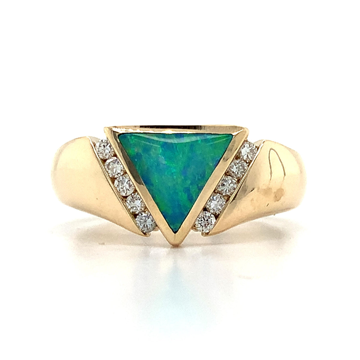Kabana Vintage Style 14K Gold Triangle Opal Inlay & Side Accent Diamond Ring S6