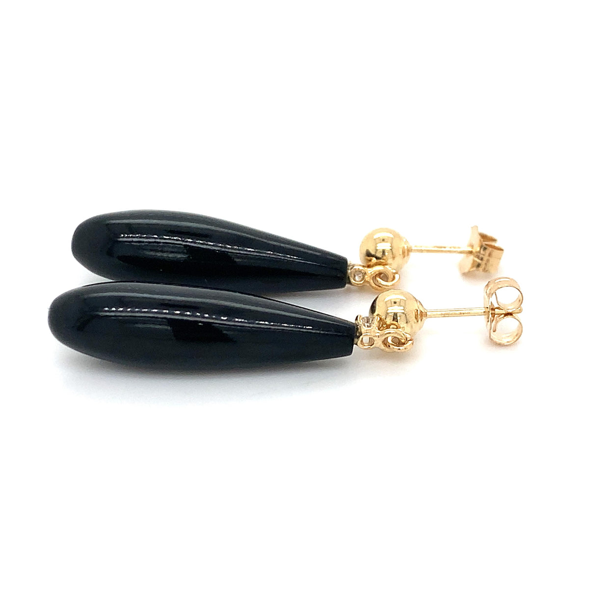14K Yellow Gold Ball-Stud Black Onyx & Diamond Accent Teardrop Dangle Earrings