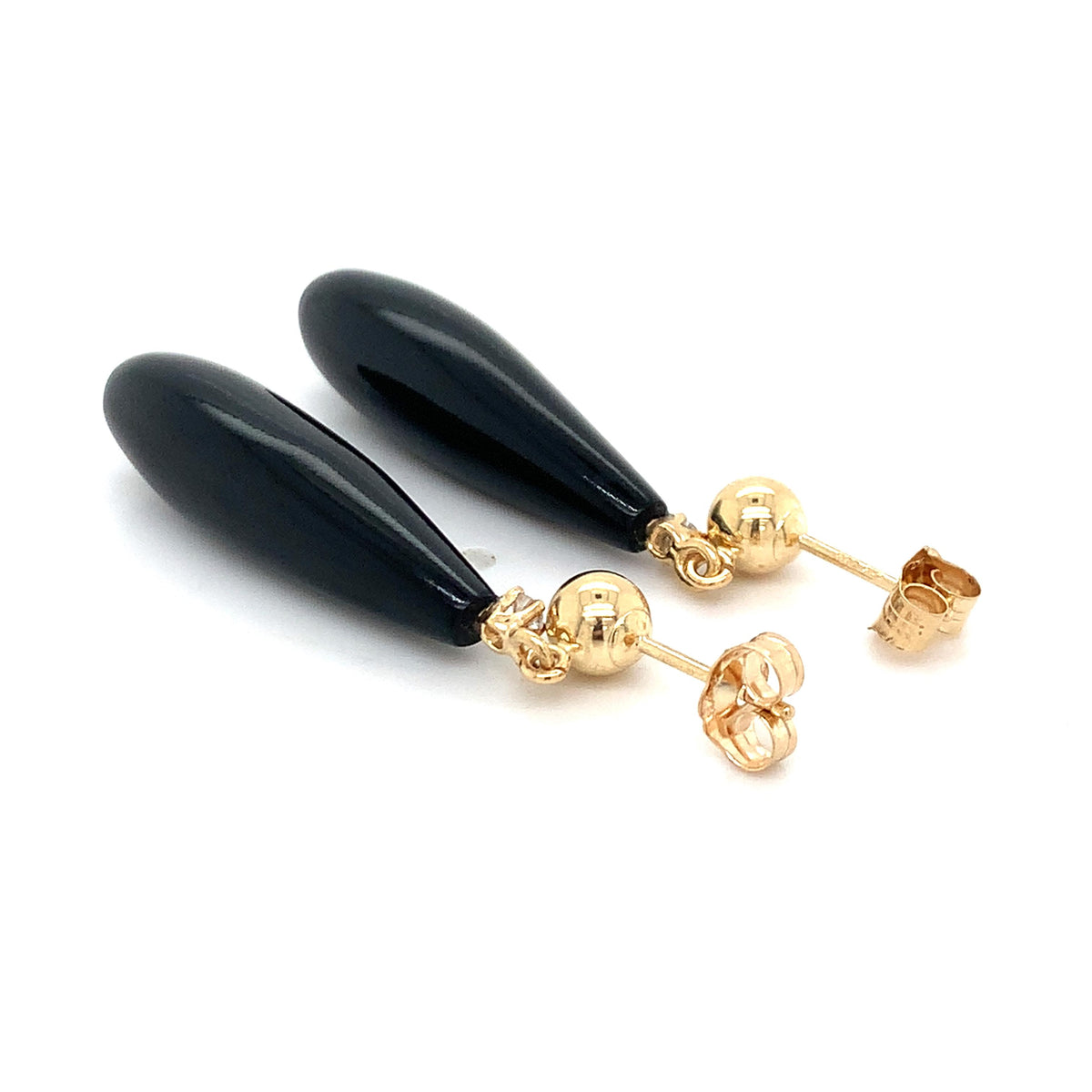 14K Yellow Gold Ball-Stud Black Onyx & Diamond Accent Teardrop Dangle Earrings