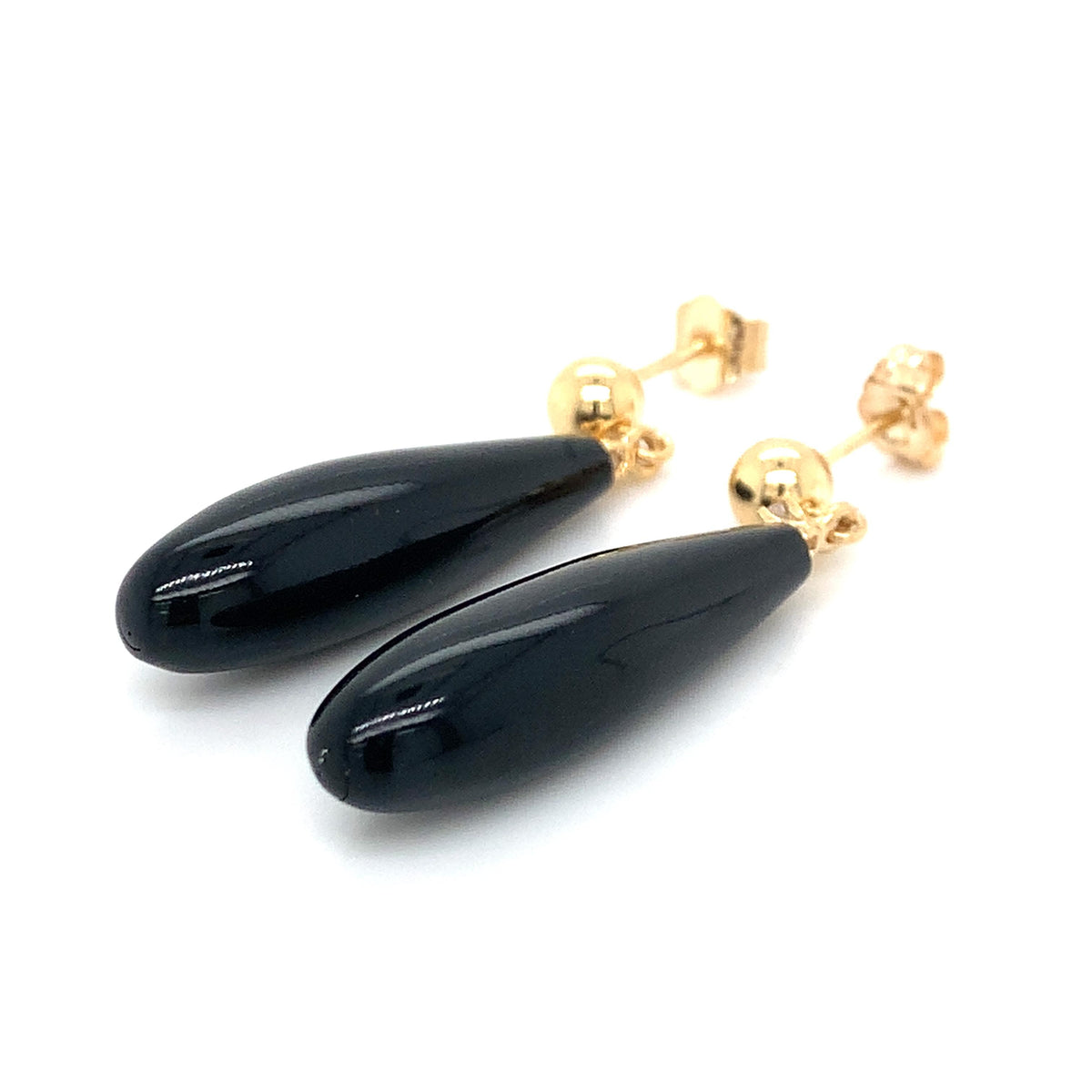 14K Yellow Gold Ball-Stud Black Onyx & Diamond Accent Teardrop Dangle Earrings