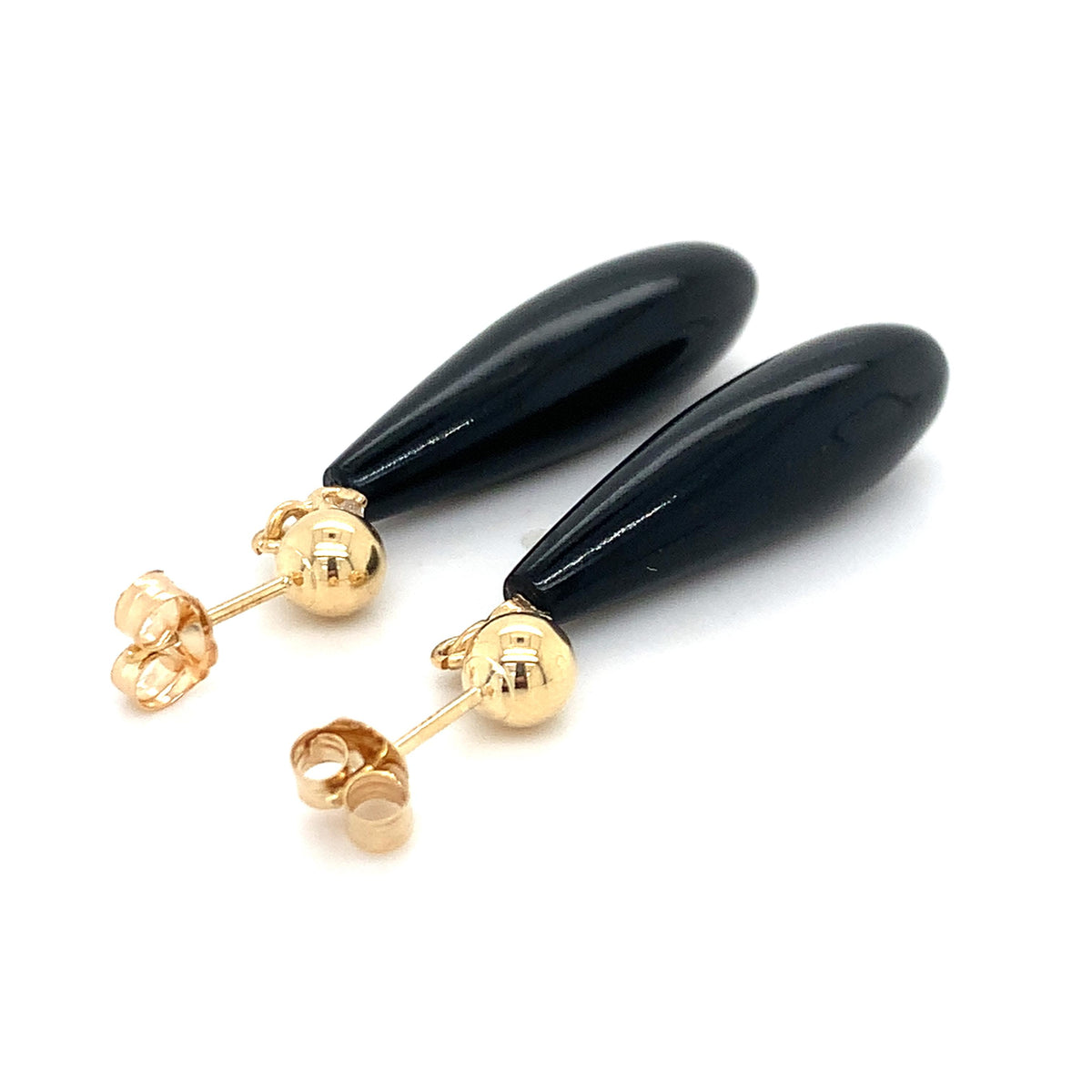 14K Yellow Gold Ball-Stud Black Onyx & Diamond Accent Teardrop Dangle Earrings