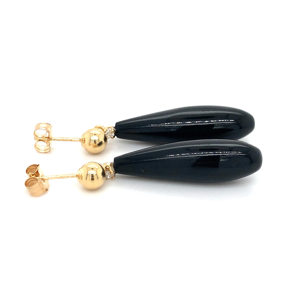 14K Yellow Gold Ball-Stud Black Onyx & Diamond Accent Teardrop Dangle Earrings