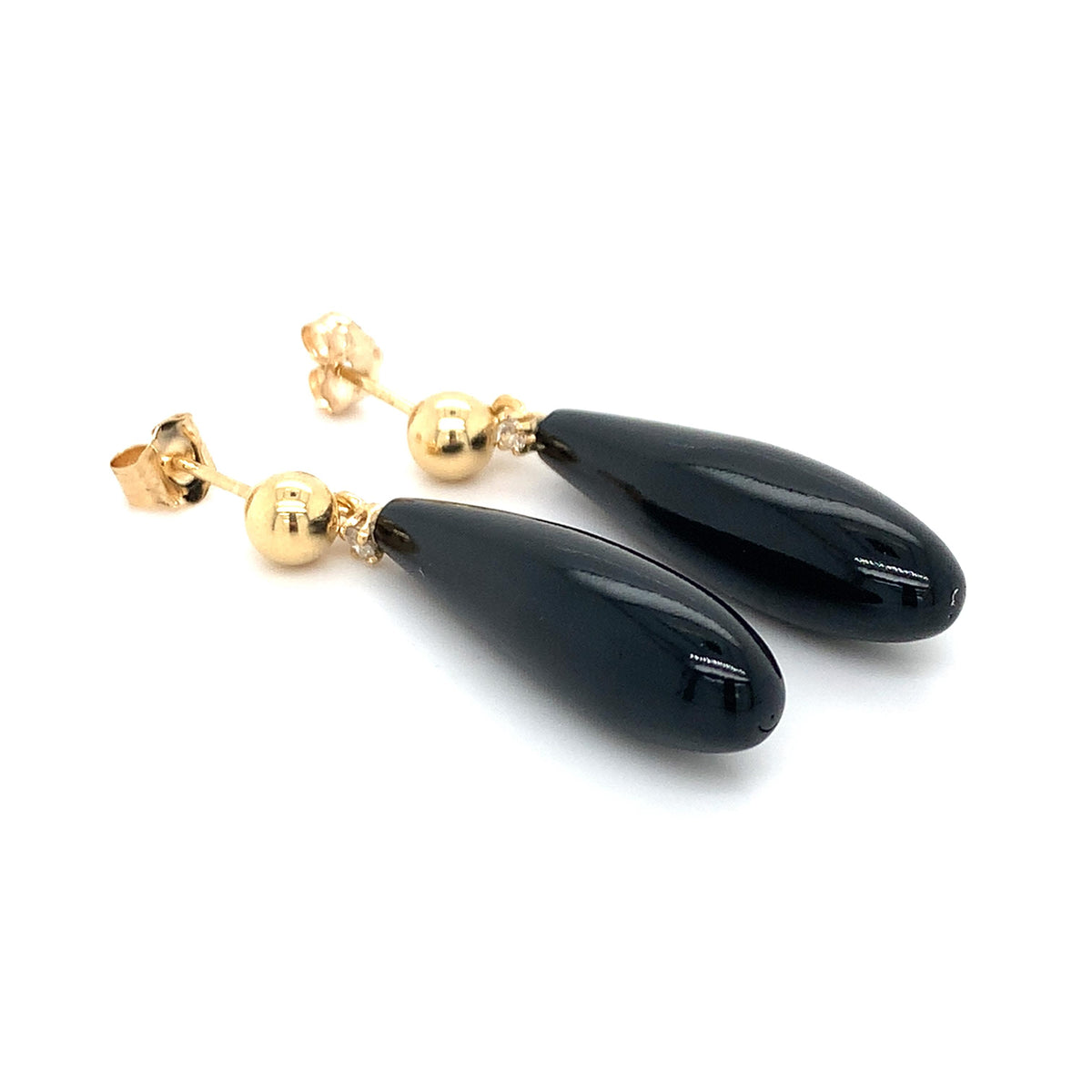 14K Yellow Gold Ball-Stud Black Onyx & Diamond Accent Teardrop Dangle Earrings