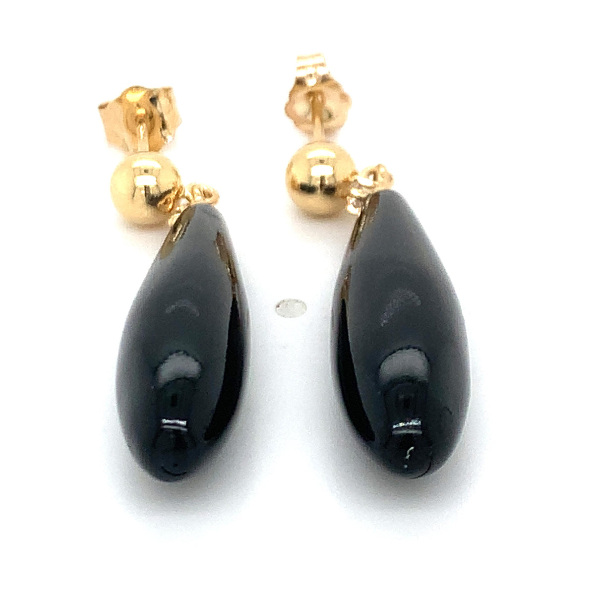 14K Yellow Gold Ball-Stud Black Onyx & Diamond Accent Teardrop Dangle Earrings