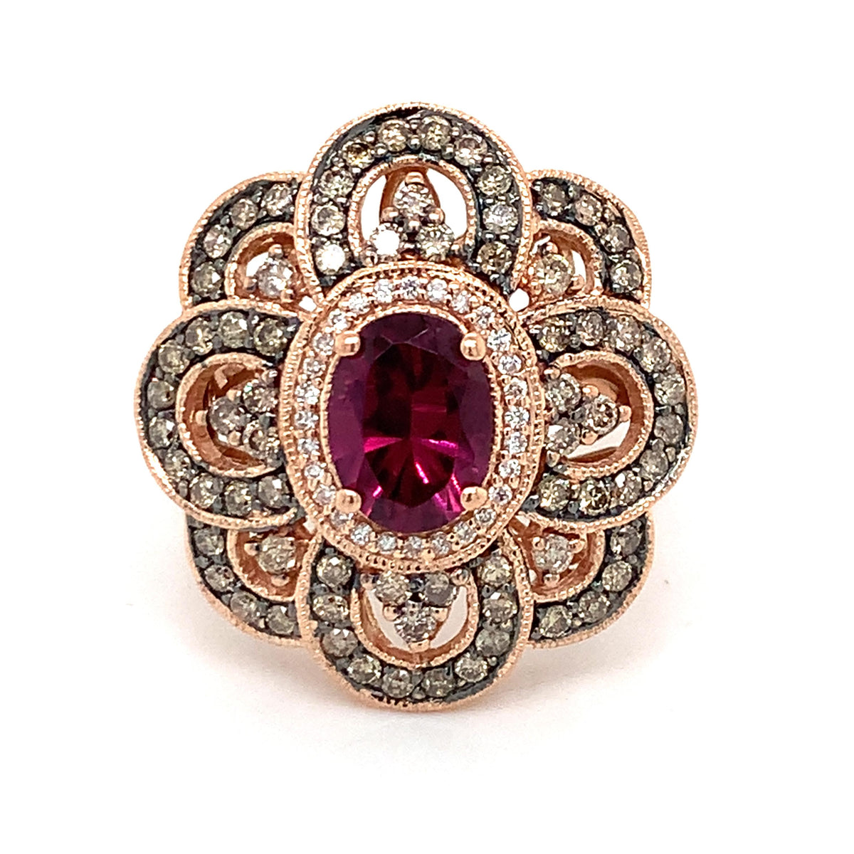 Le Vian 14K Gold Rhodolite Garnet Brown & White Diamond Blossom Cocktail Ring